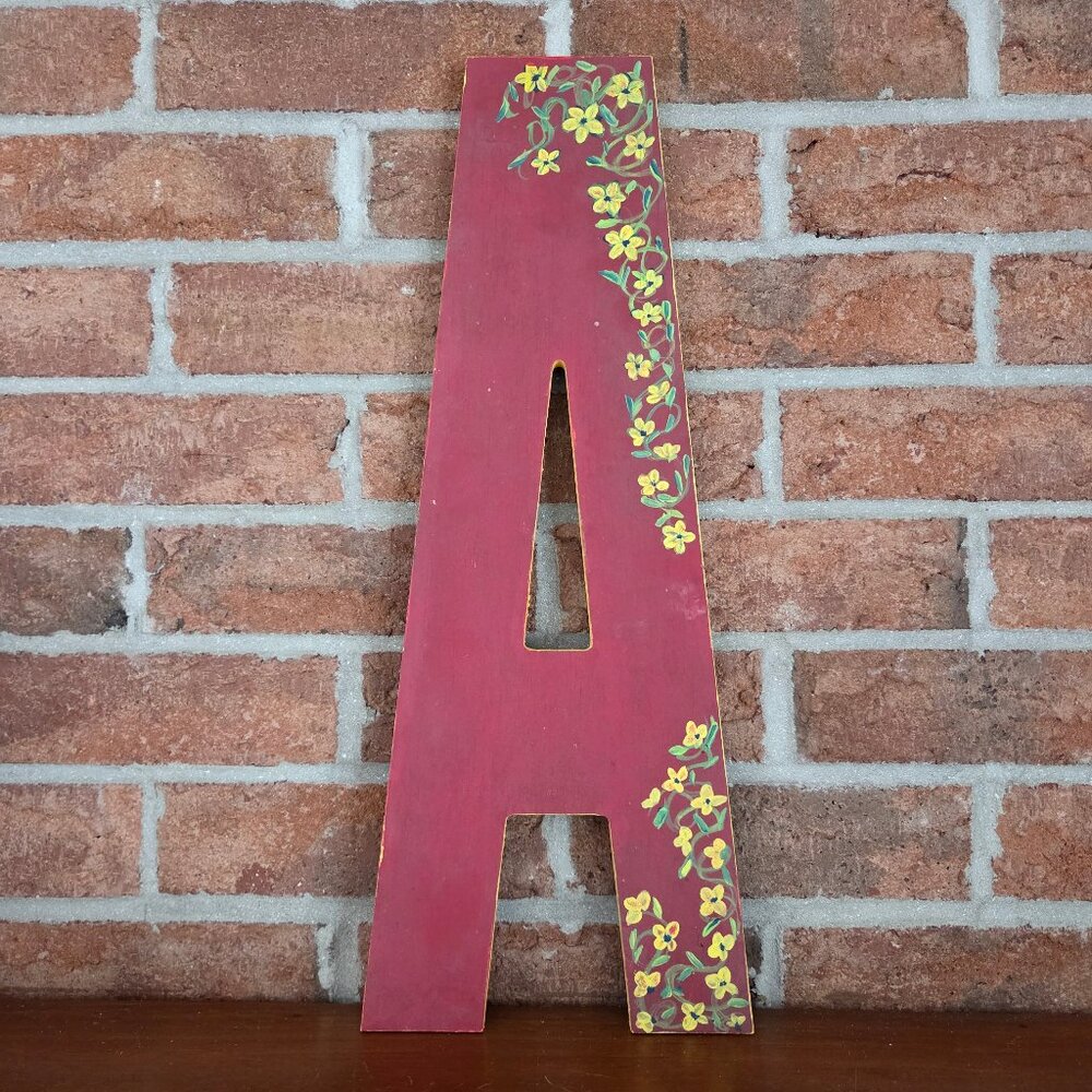 Vintage Folk Art Letter Initial A Red & Yellow Large Double Sided Painted Wooden